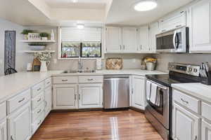 Kitchen featuring stainless steel appliances, light countertops, white cabinets, and a raised ceiling