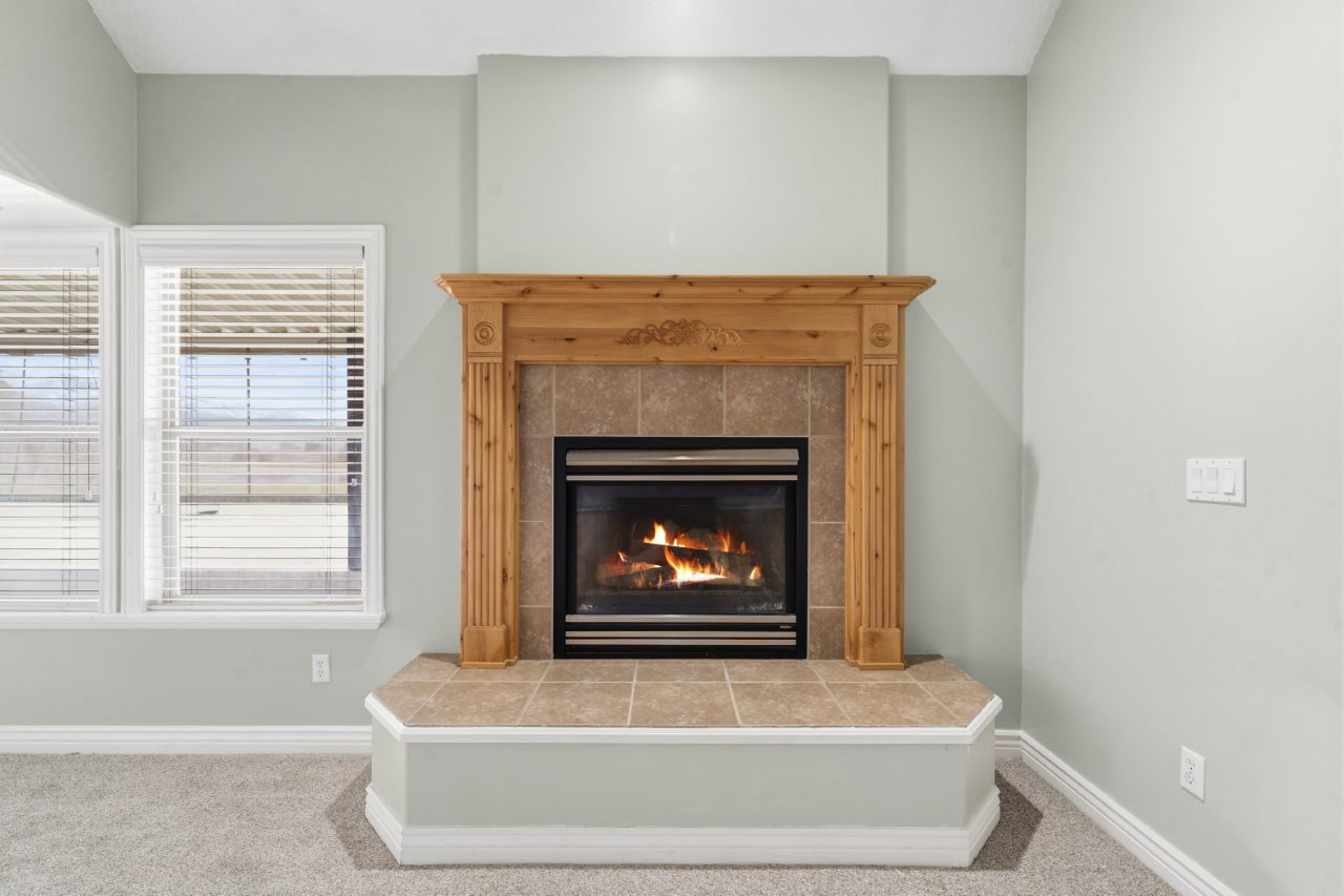 Detailed view of carpet and a fireplace