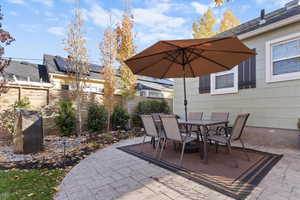 Fenced backyard with a patio area and outdoor dining area
