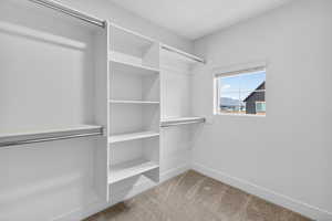 Walk in closet with light carpet