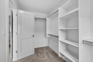 Walk in closet with dark colored carpet