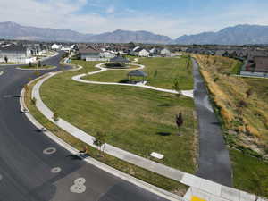 Aerial view of residential area with a mountain backdrop