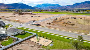 Aerial view of residential area featuring mountains