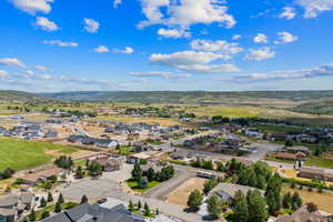 Aerial view of residential area with a mountain backdrop