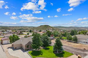Aerial perspective of suburban area featuring mountains