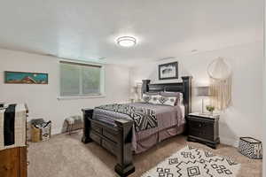 Bedroom with baseboards and light colored carpet