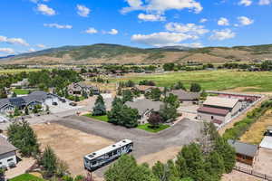 Aerial perspective of suburban area with mountains