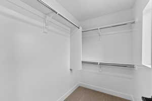 Walk in closet featuring light carpet