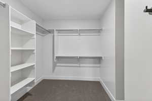 Walk in closet featuring dark carpet