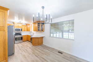Kitchen with stainless steel appliances, a peninsula, quartz countertops, glass fronted cabinets, and suspended lighting