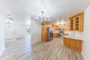Kitchen with glass insert cabinets, stainless steel appliances, suspended lighting, and a peninsula
