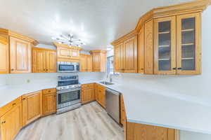 Kitchen with stainless steel appliances, a textured ceiling, quartz countertops, glass insert cabinets, and light wood-style flooring