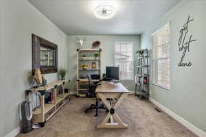 Carpeted office space with a textured ceiling and baseboards