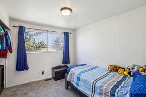 Carpeted bedroom featuring baseboards