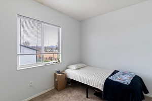 Bedroom featuring light carpet