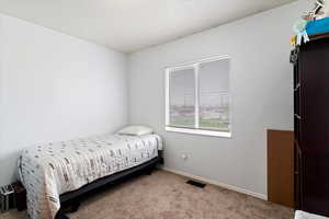 Bedroom with light colored carpet and baseboards