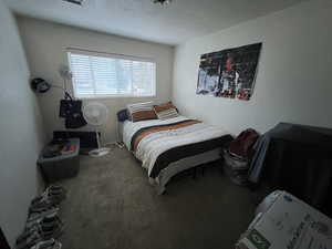 Carpeted bedroom with a textured ceiling