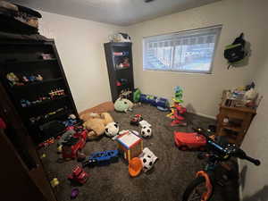 Bedroom with a textured ceiling, a textured wall, and carpet