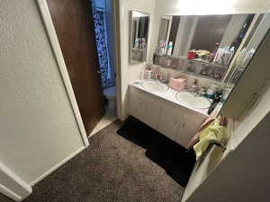 Bathroom with a textured wall, double vanity, dark carpet, and a shower with curtain