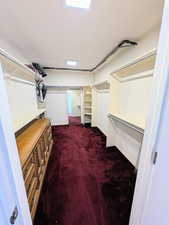 Walk in closet with dark colored carpet