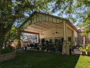 Back of house featuring a patio, ceiling fan, and a yard