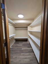 Walk in closet with dark wood-style flooring