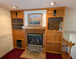 Detailed view of a wainscoted wall, a decorative wall, a fireplace with flush hearth, a textured ceiling, and carpet