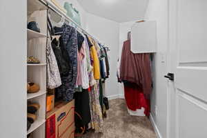 Walk in closet featuring dark colored carpet