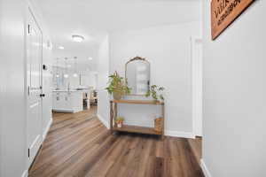 Hallway with dark wood-style flooring and recessed lighting
