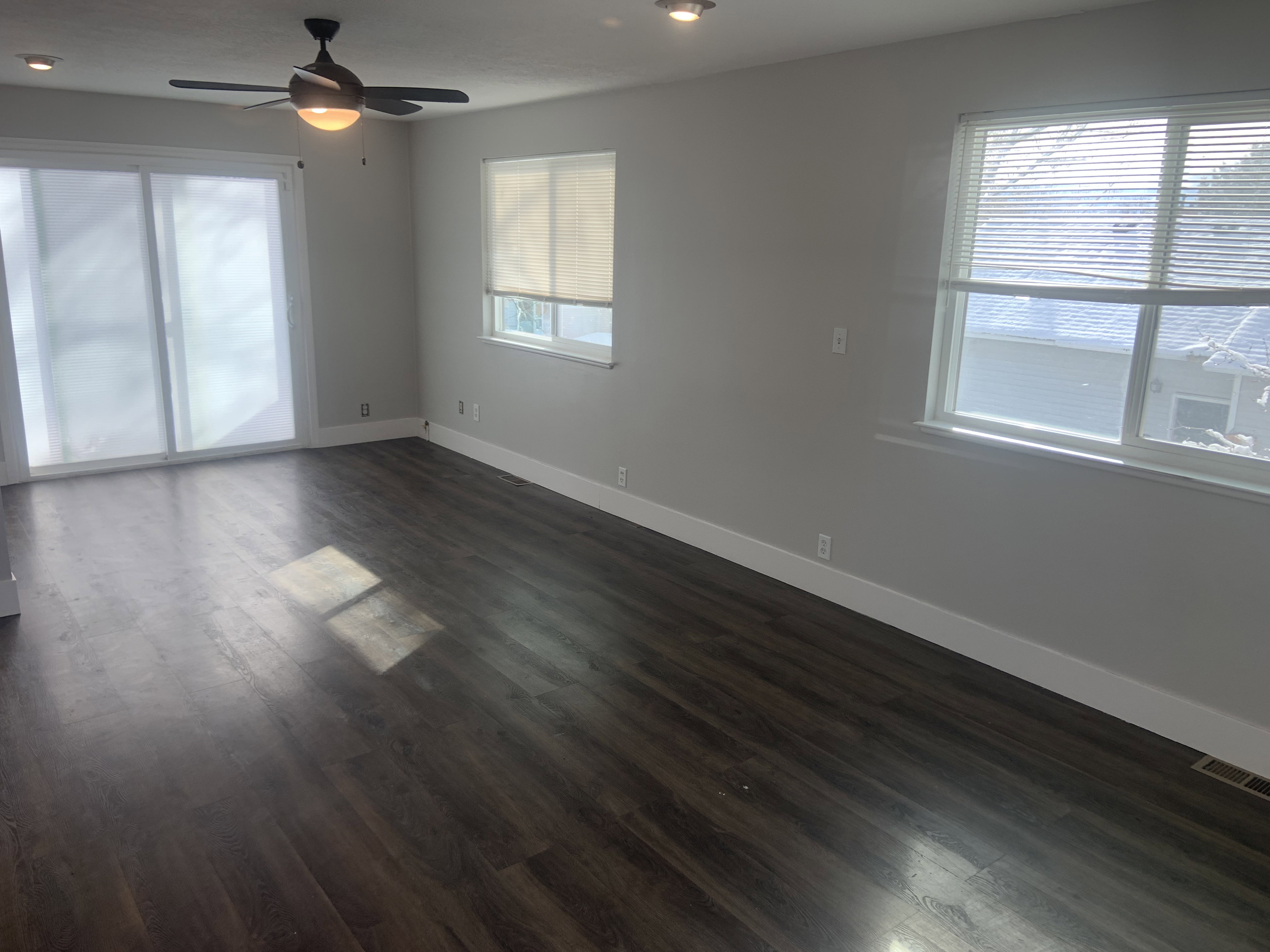 Spacious room featuring dark wood-finish flooring, light grey painted walls, and white baseboards