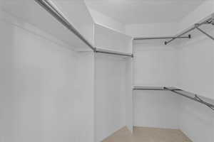 Walk in closet featuring light colored carpet