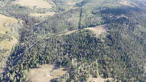 Aerial view of property and surrounding area featuring a forest