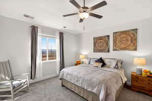Carpeted bedroom with ceiling fan and baseboards