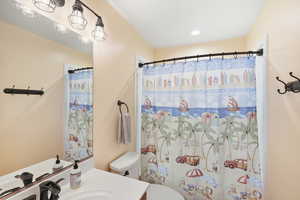 Full bathroom with vanity and curtained shower