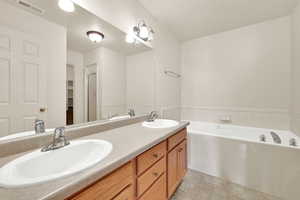 Bathroom with a garden tub, double vanity, a walk in closet, and a stall shower