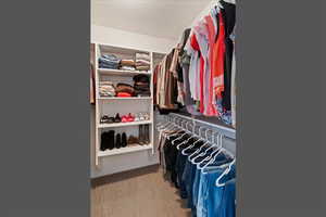 Walk in closet with light colored carpet