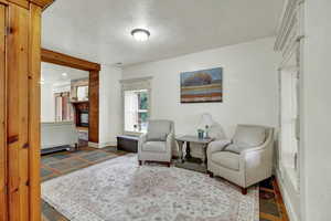 Sitting room featuring a textured ceiling and stone tile flooring
