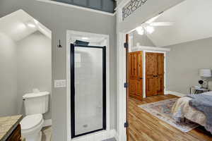 Bathroom featuring a stall shower, light wood finished floors, vanity, a ceiling fan, and vaulted ceiling