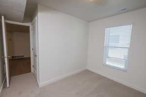 Unfurnished bedroom featuring light colored carpet and a textured ceiling