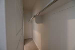 Walk in closet featuring light carpet