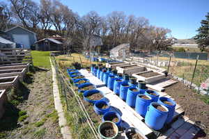 View of yard with a vegetable garden and a storage shed