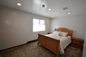 Bedroom featuring dark carpet, a textured ceiling, baseboard heating, and recessed lighting