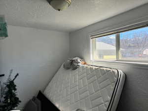 Bedroom with a textured wall and a textured ceiling