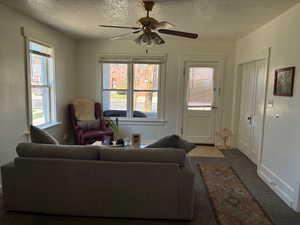Carpeted living area featuring a ceiling fan, a textured ceiling, and healthy amount of natural light