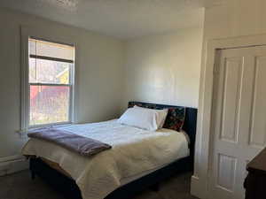 Bedroom featuring dark carpet and a textured ceiling