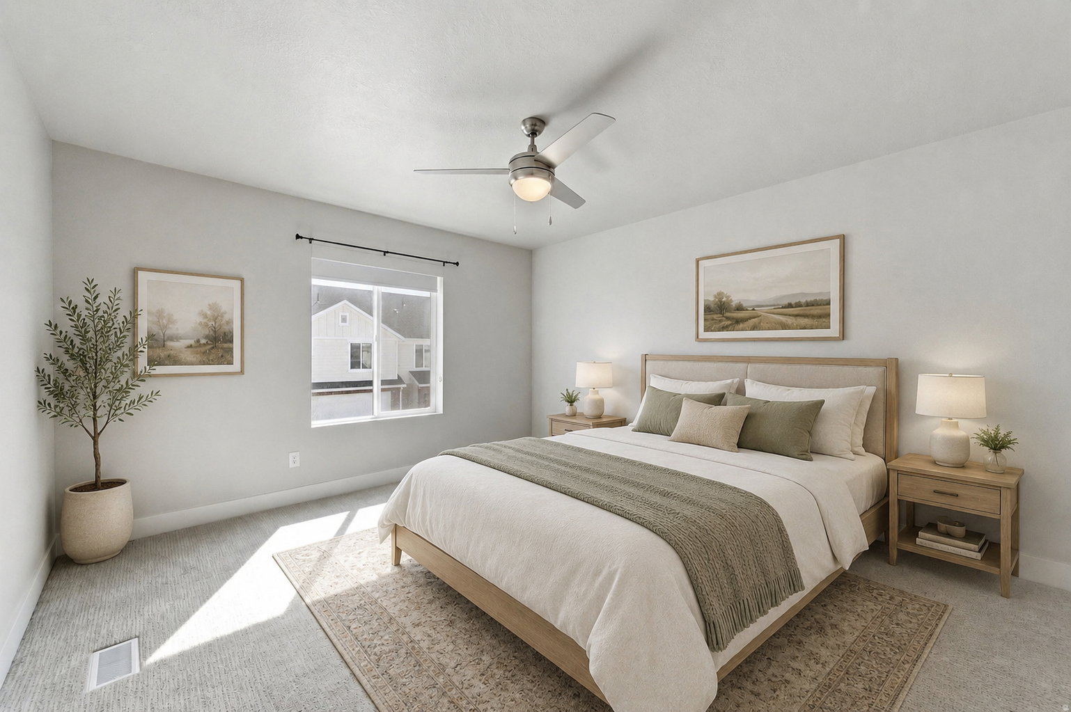Carpeted bedroom featuring a ceiling fan with integrated lighting, a window with roller shades, and light-toned wall finishes