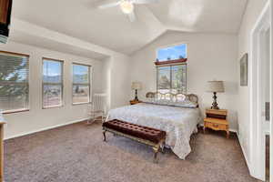 Carpeted bedroom featuring ceiling fan and a textured ceiling