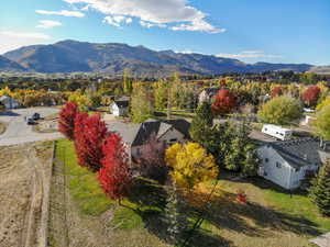 Aerial view of residential area with mountains