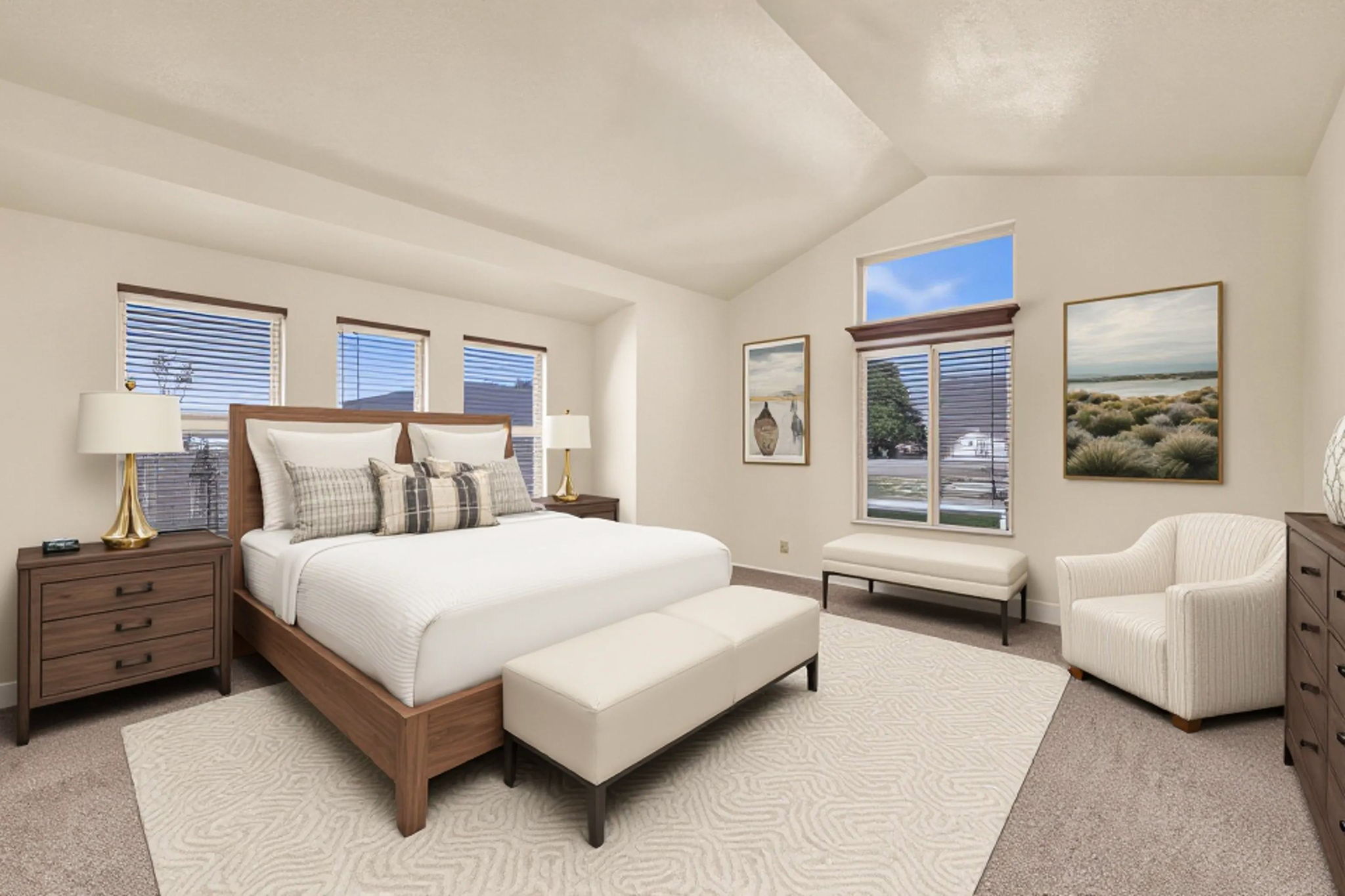 Virtual Staging. Bedroom with light colored carpet and baseboards