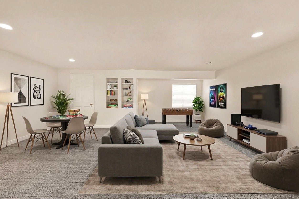Virtual Staging. Carpeted living room with recessed lighting and built in shelves